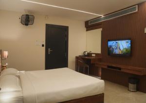 贾巴尔普尔Hotel JK Celebration的一间卧室配有一张床和一台平面电视