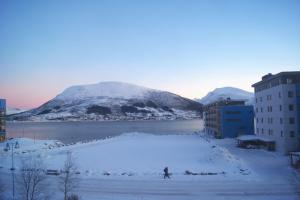 苏特兰True Vesterålen Hotel的站在山旁的雪中的人