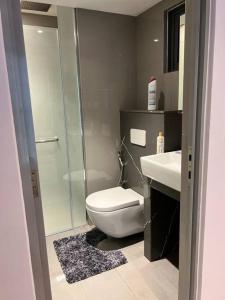 胡鲁马累Luxurious 3-Bedroom in Hulhumalé的带淋浴、卫生间和盥洗盆的浴室