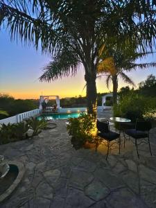 丹吉尔La Finca - 3BR Seaside Villa with Private Pool & BBQ的一个带桌椅和树的庭院