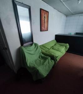 维纳德马Casa yeici的一间设有绿色床铺的客房,位于一个设有窗户的房间