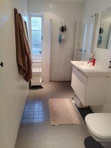 斯德哥尔摩Villa Stockholm Täby的白色的浴室设有水槽和卫生间。
