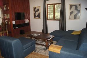 莫希Blue Cactus Shanty的客厅配有2张蓝色沙发和1张咖啡桌
