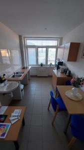 科希策ŠD Urbánkova 2的客房设有带水槽和桌子的厨房。