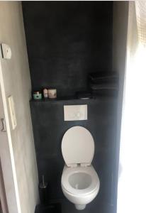 乌得勒支Tiny house for 2 with private garden的浴室设有白色卫生间和黑色墙壁