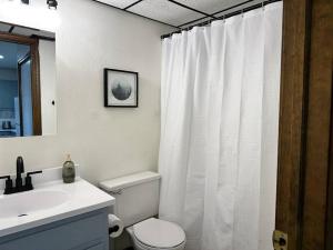 斯普林菲尔德Capital Suite on 6th Street - King Bed / Downtown!的浴室配有白色的浴帘和卫生间