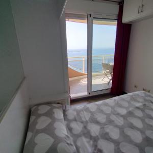 比利亚霍约萨TERRAMAR的一间卧室设有一张床和一个海景阳台