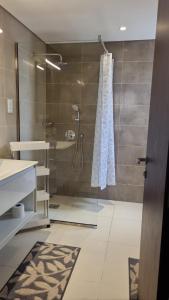 塞拉莱Hawana Salalah Villa的带淋浴的浴室和玻璃门