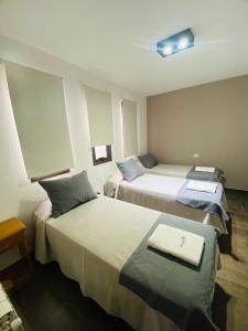 维拉卡洛斯帕兹Ranqueles的酒店客房设有两张床,天花板上拥有灯光