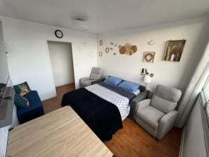 巴黎Private room in a shared apartment - Metro 7 and Tramway T3a的一间卧室配有一张床、一张沙发和一把椅子