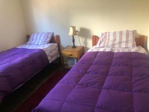 梅利皮亚Los Quillayes的紫色棉被客房内的两张床