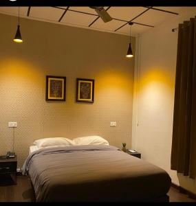 迪马普尔Premier Lodge的一间卧室配有一张带两个灯的大床