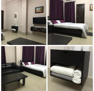 迪马普尔Premier Lodge的四张带两张床和一张沙发的房间的照片