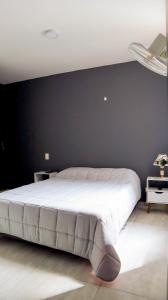 比亚维森西奥VILLAVICENCIO! Increíble, Hermoso y moderno APARTAMENTO COMPLETO, con PISCINA!的一间卧室设有一张大床和黑色墙壁