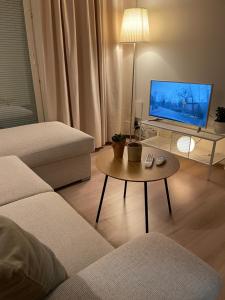 万塔Helsinki Airport Apartment的客厅配有沙发和带电视的桌子