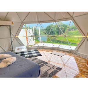 Ban Pa LauDome Tent的一个带床和大窗户的帐篷