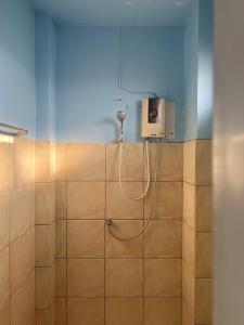 乌汶斯瑞酒店的墙上设有带淋浴和淋浴喷头的浴室