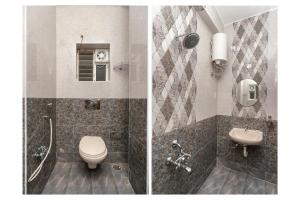 钦奈Hotel Le Mint OMR的浴室的两张照片,配有卫生间和水槽