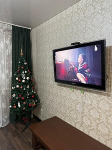 Prigorodnyy5 мин международный аэропорт的客厅配有圣诞树和平面电视。