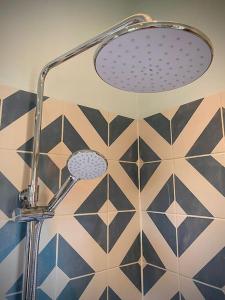 Little GrandsenBluebell Annexe的浴室设有淋浴头和瓷砖墙