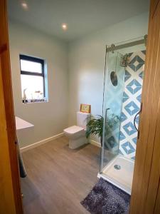 Little GrandsenBluebell Annexe的带淋浴和卫生间的浴室以及窗户。