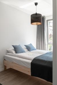 格但斯克Scala Apartamenty by Moderna Profit- Łąkowa 60K的一间卧室配有一张带蓝色枕头的床和一扇窗户。