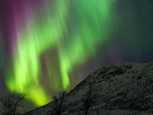 Mefjordvær6 person holiday home in Senjahopen的天空中天上的极光,在雪覆盖的山中