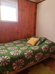 皮什丹吉Linda, cómoda y acogedora casa para 6的一间卧室配有一张带绿色和白色棉被的床