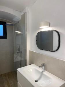 多尔切阿夸Vicolo Rosso 2的一间带水槽、镜子和淋浴的浴室