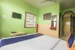 斯利那加SPOT ON Valley Meadow的一间卧室设有一张床和绿色的墙壁