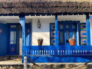 穆里吉奥尔Casa Soarelui的建筑上装有蓝色门和篮子