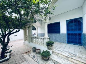 拉马萨Villa le bon coin de la marsa的蓝色门和盆栽的房屋