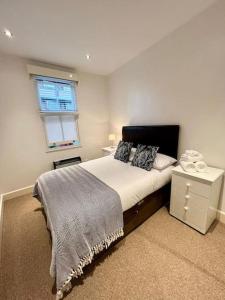 伦敦Superb 2Bed/2Bath Flat Waterloo London的一间卧室设有一张大床和一个窗户。