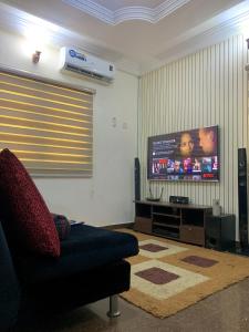 AgegeComfortable 2BDR Apt - Superb power supply, Wi-Fi, Kitchen, Netflix, Mins to Airport的带沙发和平面电视的客厅