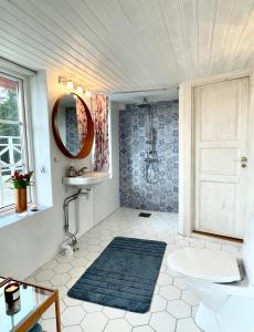 卢恩斯基尔Forest house的一间带水槽、卫生间和镜子的浴室