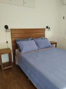帕尔克德尔普拉塔Casas Arena y Sol - FRENTE AL MAR的一间卧室配有一张带蓝色床单的床和两盏灯。