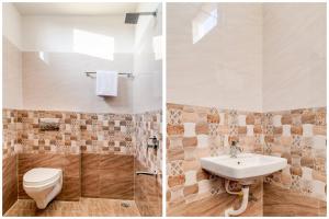 印多尔Hotel Shubhshree的浴室的两张照片,配有卫生间和水槽