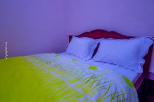 BafoussamRésidence Chic & Luxueux MD & NG à Bafoussam的一张带绿色和白色床单及枕头的床