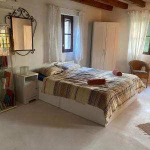 桑坦伊Studio Doppelzimmer 2 Pers mit Terrasse und Pool auf Finca Mallorca的一间卧室配有一张大床和镜子