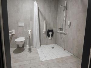 维也纳新村B&B HOTEL Wiener Neudorf的带淋浴和卫生间的浴室