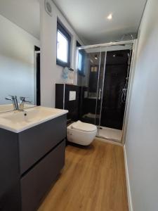 木洛希尼Luxury Mobile Home Kasthouse Oleander的浴室配有卫生间、盥洗盆和淋浴。