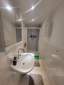 锡根Monteurzimmer/Ferienwohnung/Pension的白色的浴室设有水槽和淋浴。