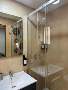 马德里Apartamento en Santiago Bernabéu的一间带玻璃淋浴和水槽的浴室