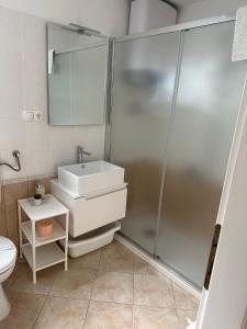 赫瓦尔Villa Hosta Apartments的带淋浴、盥洗盆和卫生间的浴室
