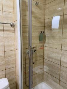 巴拉斯港Tiny House con opción de tina temperada的浴室里设有玻璃门淋浴