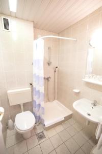 塞尔瑟斯拉温酒店的带淋浴、卫生间和盥洗盆的浴室