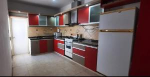 科尔多瓦Hostel Argentina的厨房配有红色橱柜和白色冰箱
