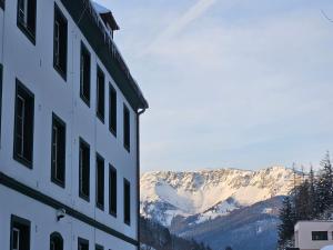 VeitschBergkuss Brunnalm Veitsch的一座有雪覆盖的山丘的建筑