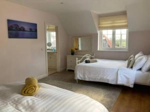 BartleyLangford farmhouse - Luxury 4bd, hot tub, cinema, 10 acres的一间卧室设有两张床和两个窗户。