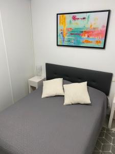 卡尔维COEUR DE CALVI的卧室配有一张带两个枕头的床,墙上挂有绘画作品